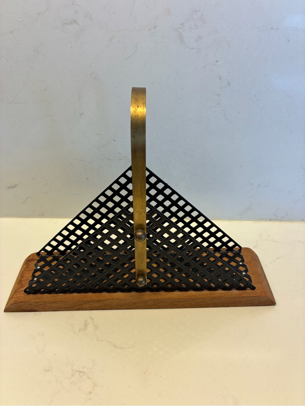 Mid century Napkin/Letter holder  Perforated Metal with Brass handle& wood base